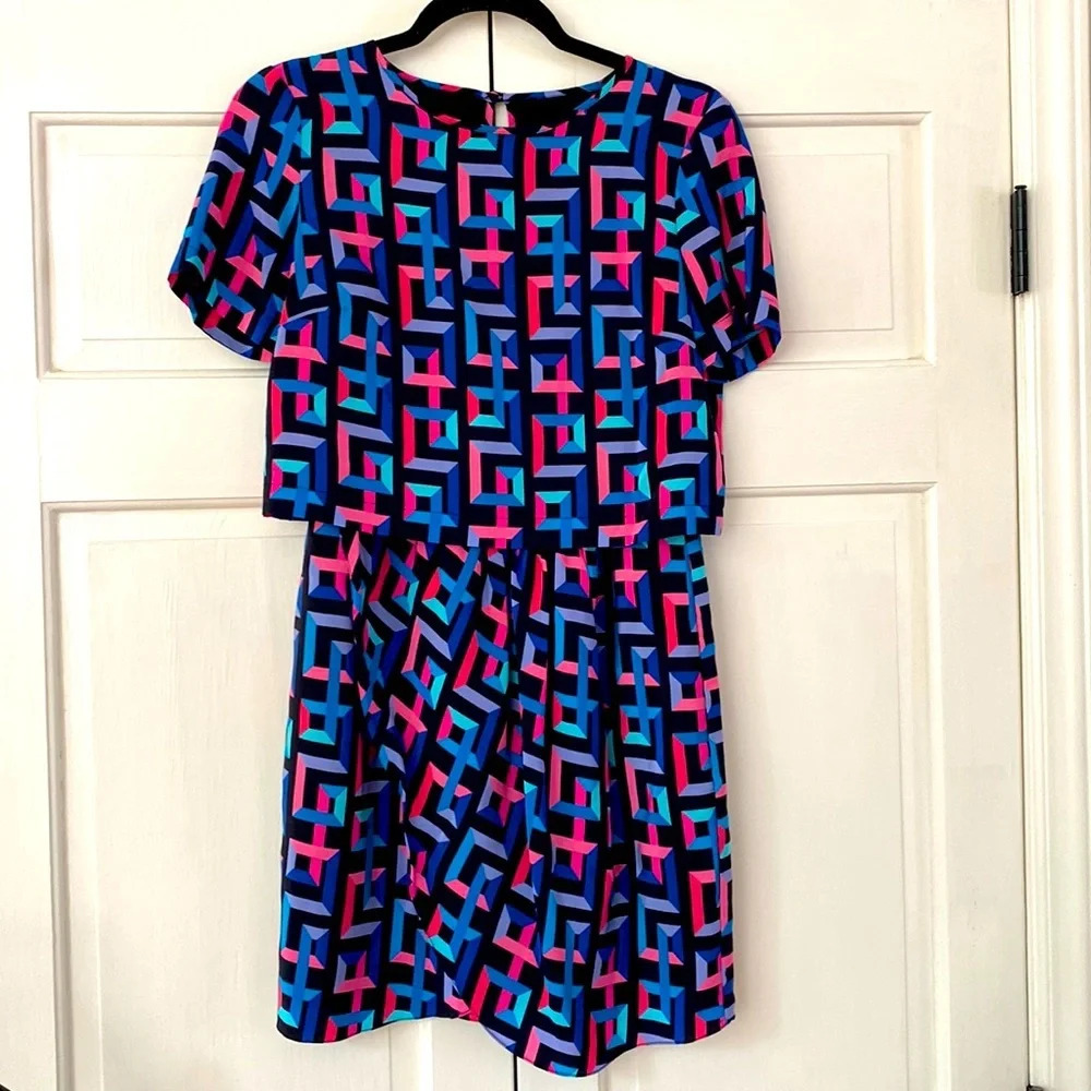 Amanda Uprichard Geometric Bright 80s Style Dress‎ One Piece Two Piece Look Silk